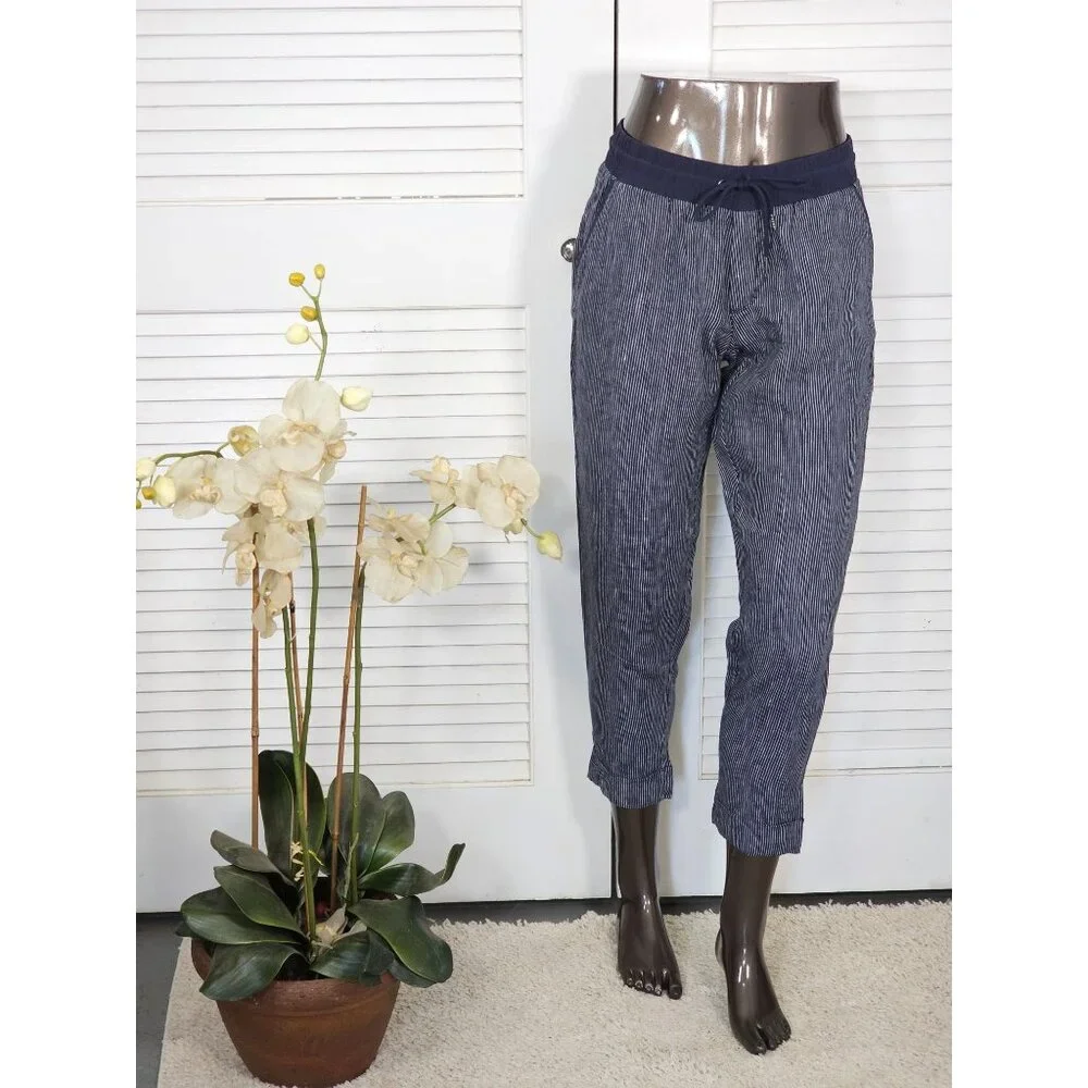 Athleta Women's Bali Navy Blue Linen Striped Bali Crop Pants Size 4 1678 - Picture 1 of 14